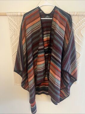Angie Open-Front Striped Poncho Sweater - Rust, Olive, Cream & Black